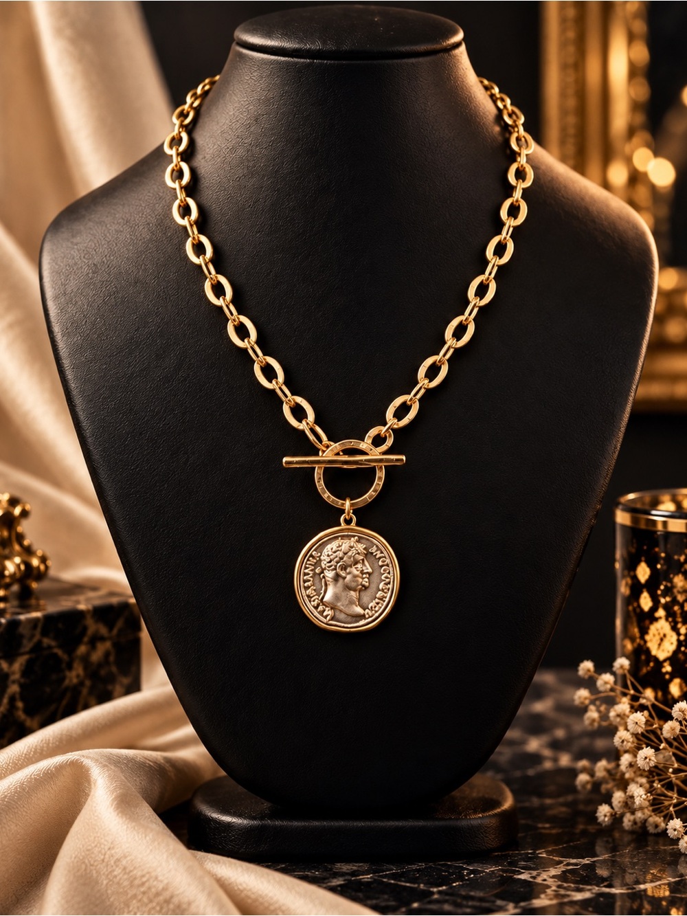 Gold Tone Double Side Coin Toggle Necklace Oval Cable Chain